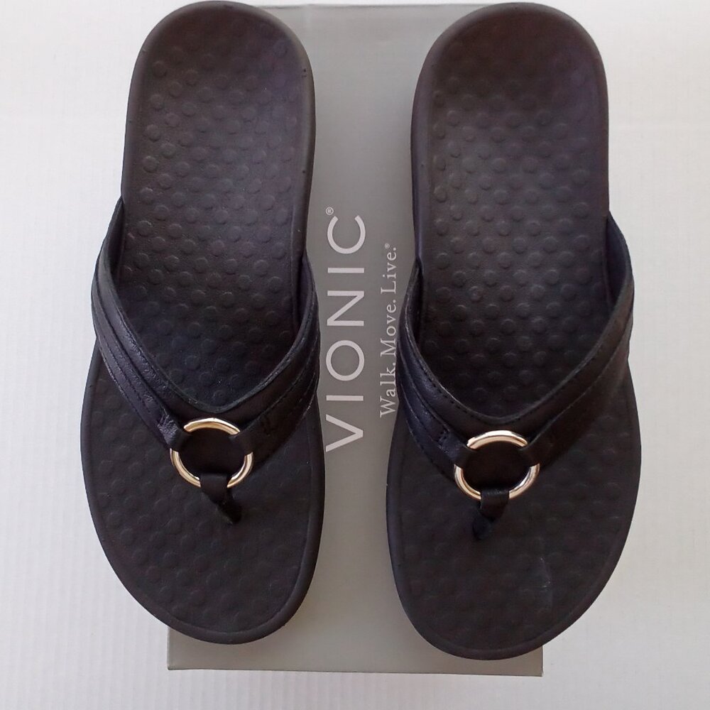 VIONIC WOMAN'S LEATHER BLACK SANDALS SIZE 8 USA , NATURAL ALIGNMENT and SUPPORT